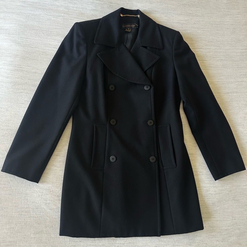 100% Wool Classiques Entier Black Double-Breasted Women's Coat, Size M